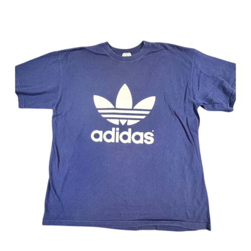 Vintage Adidas Originals Trefoil Logo T-Shirt Navy Blue Made in USA Mens XL
